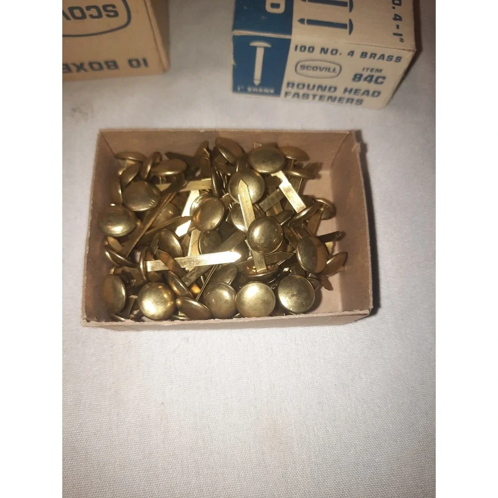 10x Boxes VINTAGE SCOVILL BRASS ROUND HEAD FASTENERS No. 4 T-Pins 1